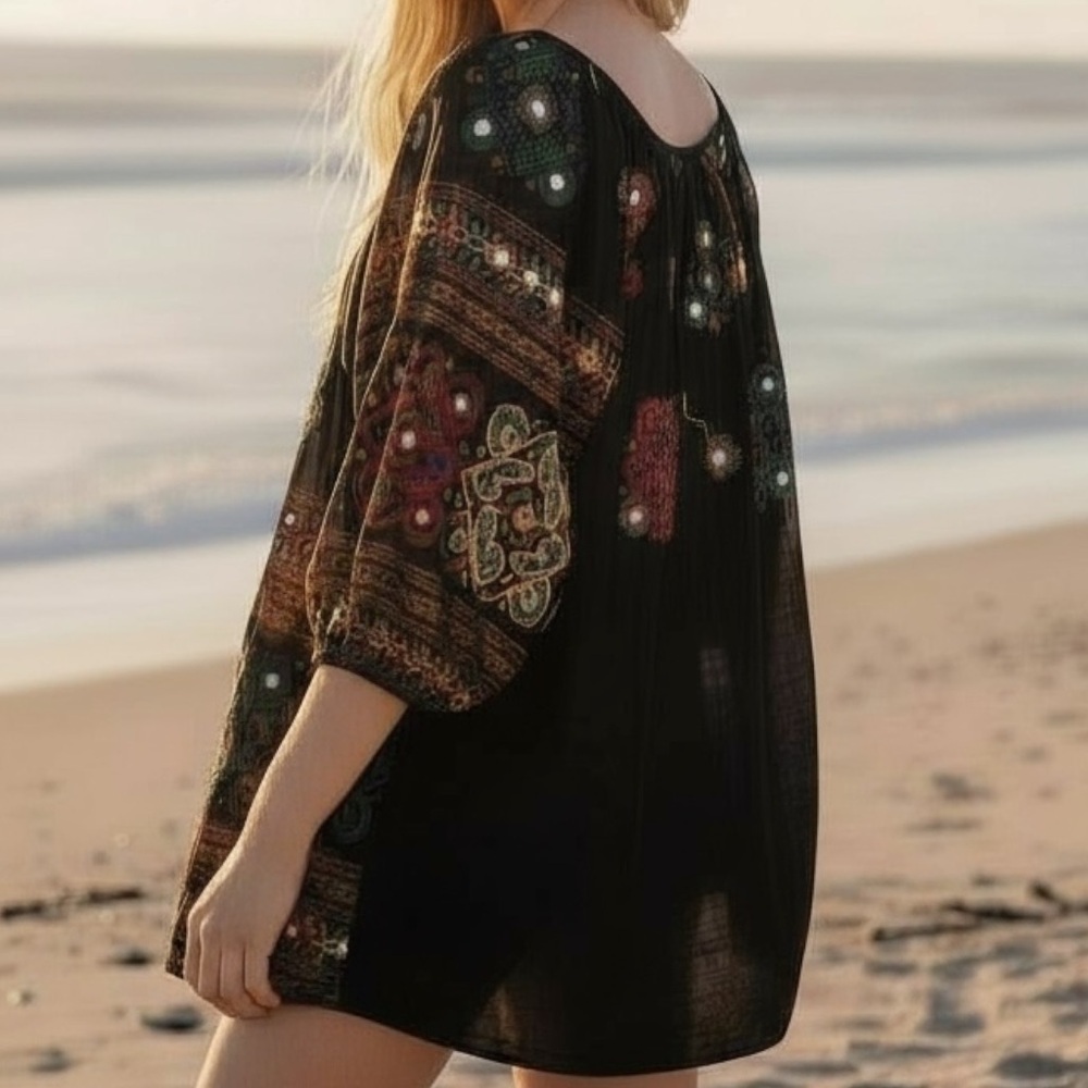 RARE NWT Juliet Dunn London Black Embroidered Mini Kaftan Dress Mirror Beach S - Picture 2 of 14
